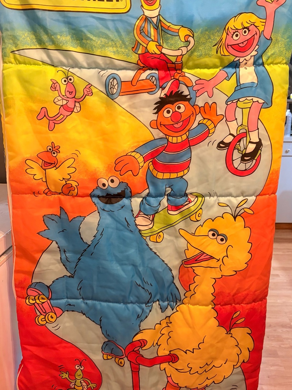 1980’s Sesame Street Plush Sleeping Bag – Blue, Yellow, Red, Orange